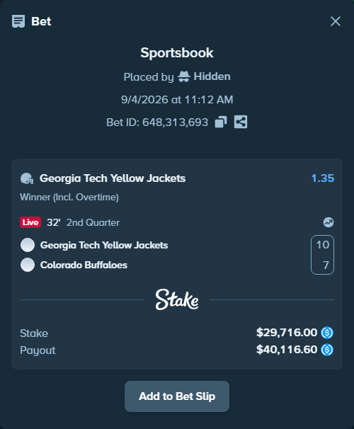 Bet slip: Georgia Tech Yellow Jackets - Colorado Buffaloes, $29,716.00 stake at 1.35 odds, placed by Hidden
