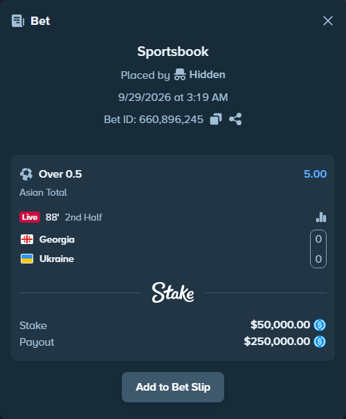 Bet slip: Georgia - Ukraine, $50,000.00 stake at 5.00 odds, placed by Hidden