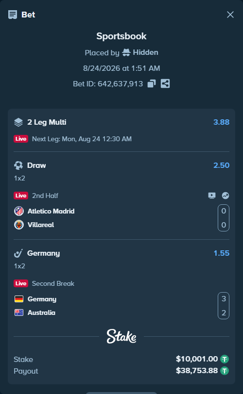 Bet slip: Germany - Australia, $10,000.00 stake at 1.55 odds, placed by Hidden