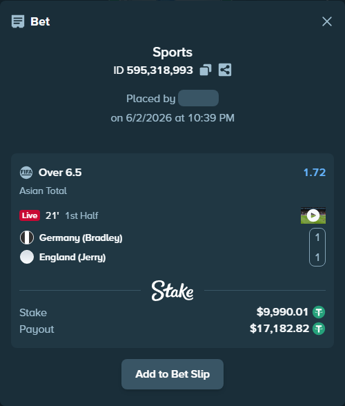 Bet slip: Germany (Bradley) - England (Jerry), $10,000.00 stake at 1.72 odds, placed by wswrj2008