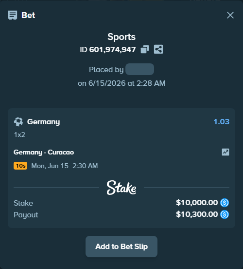 Bet slip: Germany - Curacao, $10,000.00 stake at 1.03 odds, placed by Wolfie9