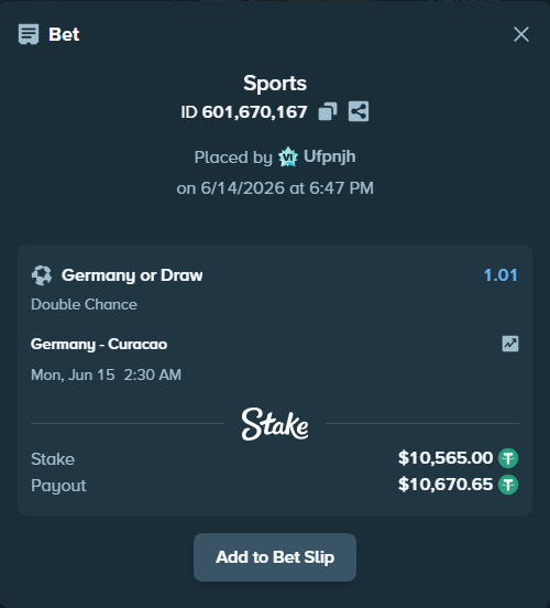 Bet slip: Germany - Curacao, $10,575.56 stake at 1.01 odds, placed by Ufpnjh