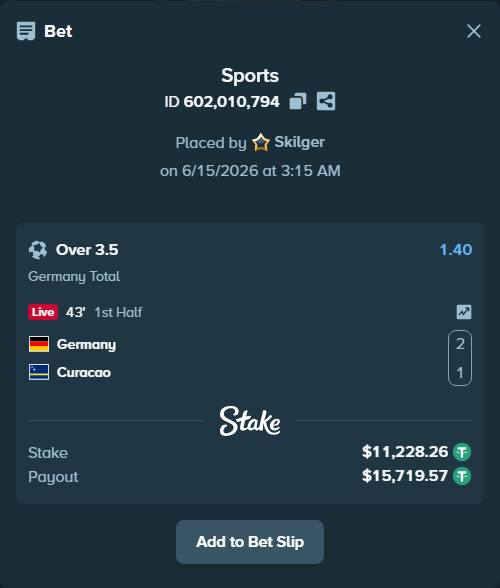 Bet slip: Germany - Curacao, $11,239.49 stake at 1.40 odds, placed by Skilger