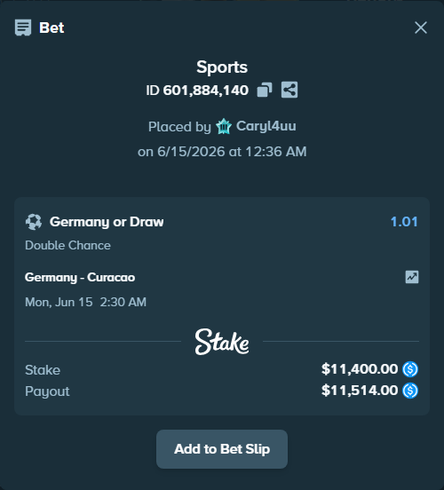 Bet slip: Germany - Curacao, $11,400.00 stake at 1.01 odds, placed by Caryl4uu