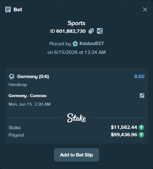 Bet slip: Germany - Curacao, $11,574.00 stake at 8.60 odds, placed by Kaidou827