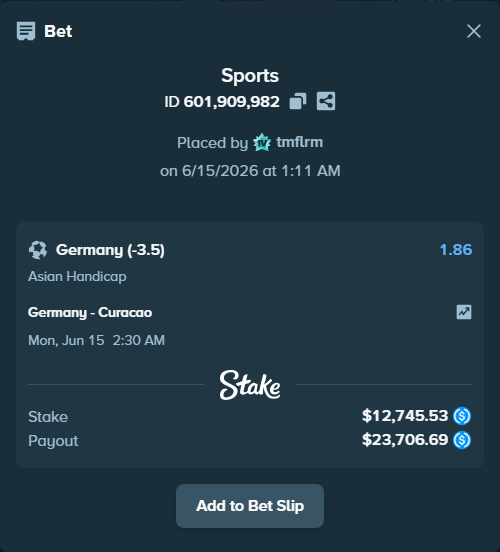 Bet slip: Germany - Curacao, $12,745.53 stake at 1.86 odds, placed by tmflrm