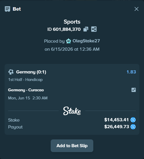 Bet slip: Germany - Curacao, $14,453.41 stake at 1.83 odds, placed by OlegStake27
