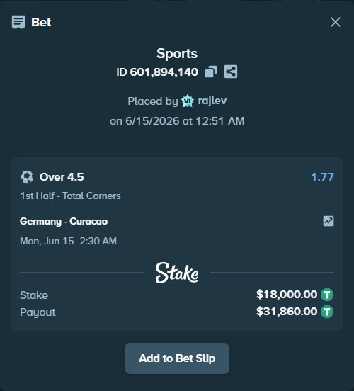 Bet slip: Germany - Curacao, $18,018.00 stake at 1.77 odds, placed by rajlev