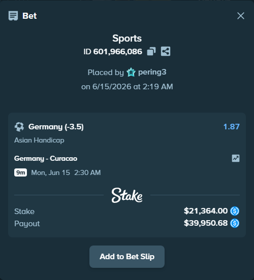 Bet slip: Germany - Curacao, $21,364.00 stake at 1.87 odds, placed by pering3