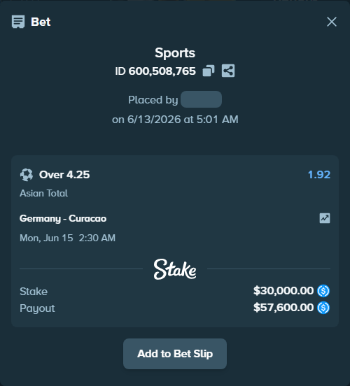 Bet slip: Germany - Curacao, $30,000.00 stake at 1.92 odds, placed by OysterLab