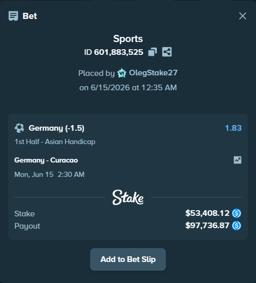 Bet slip: Germany - Curacao, $53,408.12 stake at 1.83 odds, placed by OlegStake27