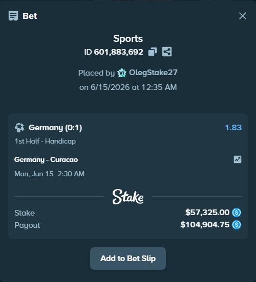 Bet slip: Germany - Curacao, $57,325.00 stake at 1.83 odds, placed by OlegStake27