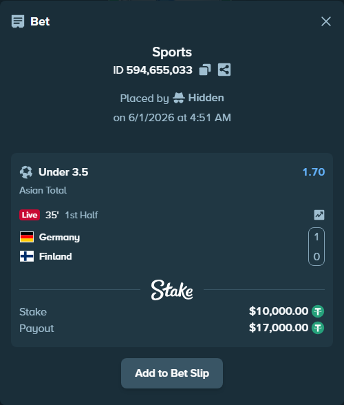 Bet slip: Germany - Finland, $10,010.00 stake at 1.70 odds, placed by Hidden