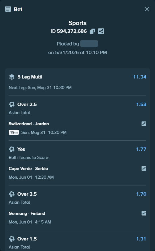 Bet slip: Germany - Finland, $10,259.00 stake at 1.70 odds, placed by Kaidou827