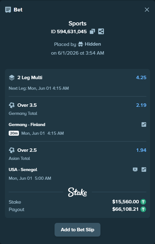 Bet slip: Germany - Finland, $15,575.56 stake at 2.19 odds, placed by Hidden