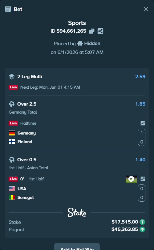 Bet slip: Germany - Finland, $17,532.51 stake at 1.85 odds, placed by Hidden