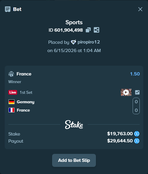 Bet slip: Germany - France, $19,763.00 stake at 1.50 odds, placed by piropiro12