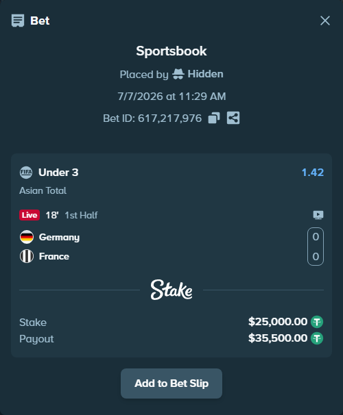 Bet slip: Germany - France, $25,025.00 stake at 1.42 odds, placed by AsTraL11