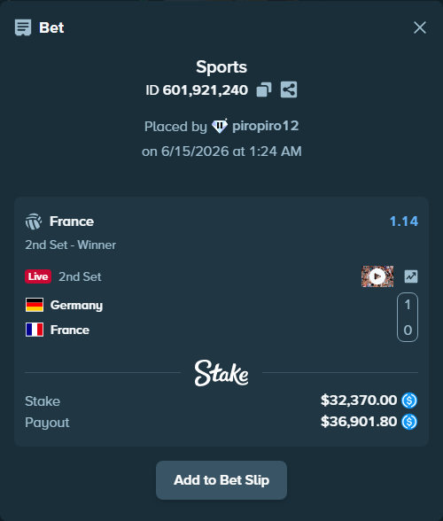 Bet slip: Germany - France, $32,370.00 stake at 1.14 odds, placed by piropiro12