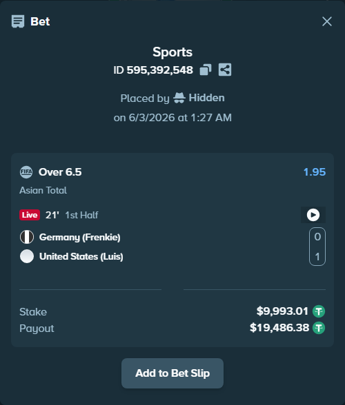 Bet slip: Germany (Frenkie) - United States (Luis), $10,013.00 stake at 1.95 odds, placed by wswrj2008