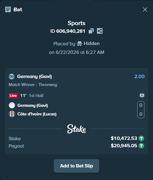 Bet slip: Germany (Gavi) - Côte d'Ivoire (Lucas), $10,483.00 stake at 2.00 odds, placed by Hidden