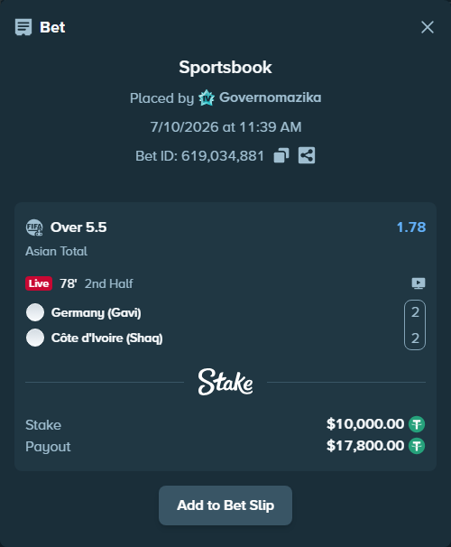 Bet slip: Germany (Gavi) - Côte d'Ivoire (Shaq), $10,010.00 stake at 1.78 odds, placed by Governomazika