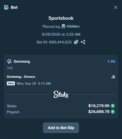 Bet slip: Germany - Greece, $18,279.99 stake at 1.46 odds, placed by Kackiii