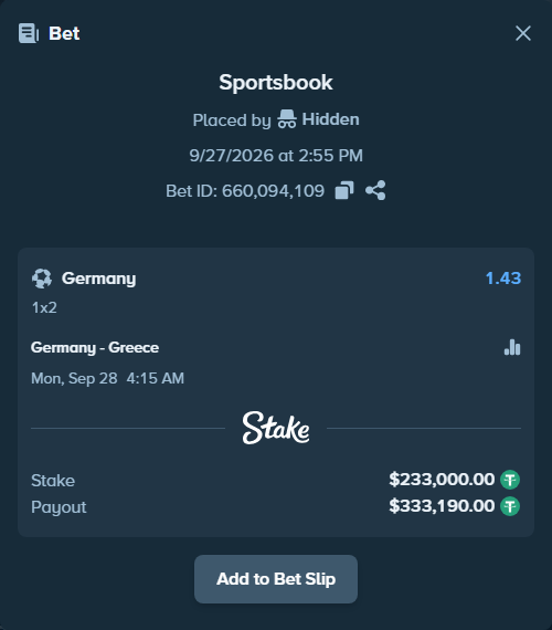 Bet slip: Germany - Greece, $233,000.00 stake at 1.43 odds, placed by Zurzarin544