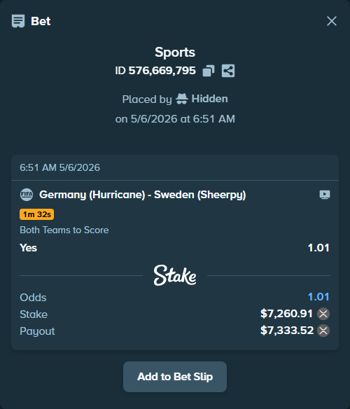 Bet slip: Germany (Hurricane) - Sweden (Sheerpy), $5,884.28 stake at 1.01 odds, placed by Hidden
