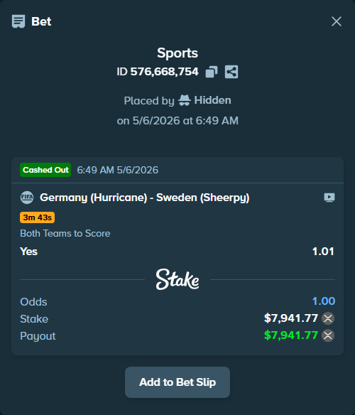 Bet slip: Germany (Hurricane) - Sweden (Sheerpy), $6,436.05 stake at 1.01 odds, placed by Hidden