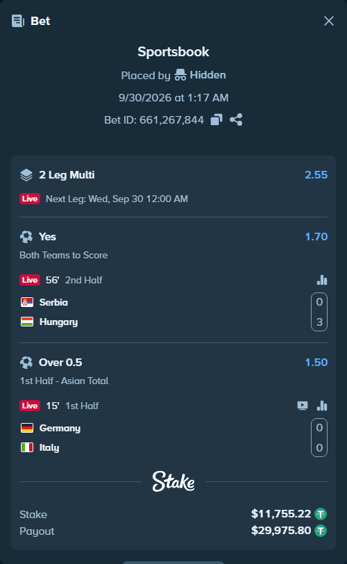 Bet slip: Germany - Italy, $11,755.22 stake at 1.50 odds, placed by Hidden