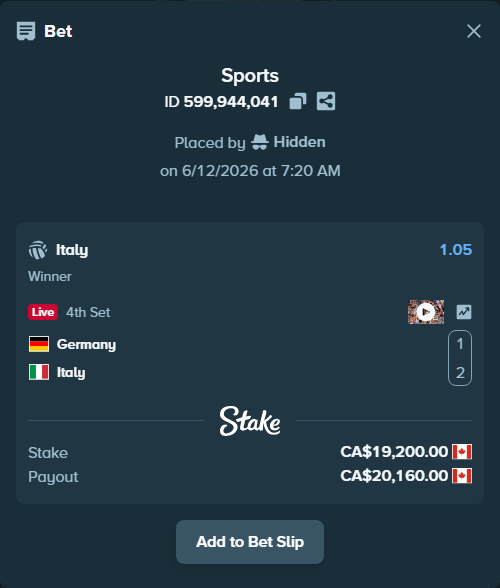 Bet slip: Germany - Italy, $14,208.00 stake at 1.05 odds, placed by Hidden