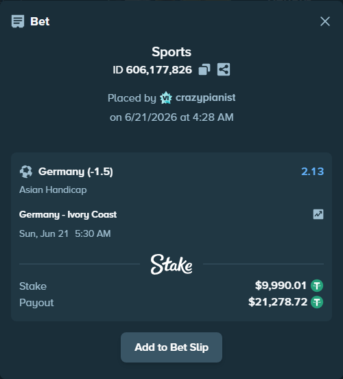 Bet slip: Germany - Ivory Coast, $10,000.00 stake at 2.13 odds, placed by crazypianist