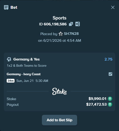 Bet slip: Germany - Ivory Coast, $10,000.00 stake at 2.75 odds, placed by SH7N28