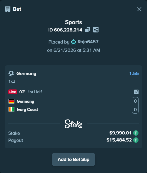 Bet slip: Germany - Ivory Coast, $10,000.00 stake at 1.55 odds, placed by Raja6457