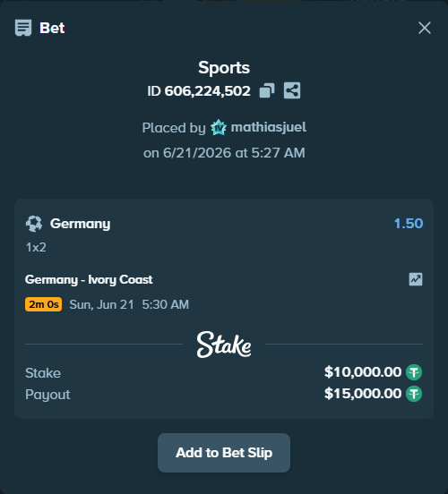 Bet slip: Germany - Ivory Coast, $10,010.00 stake at 1.50 odds, placed by mathiasjuel