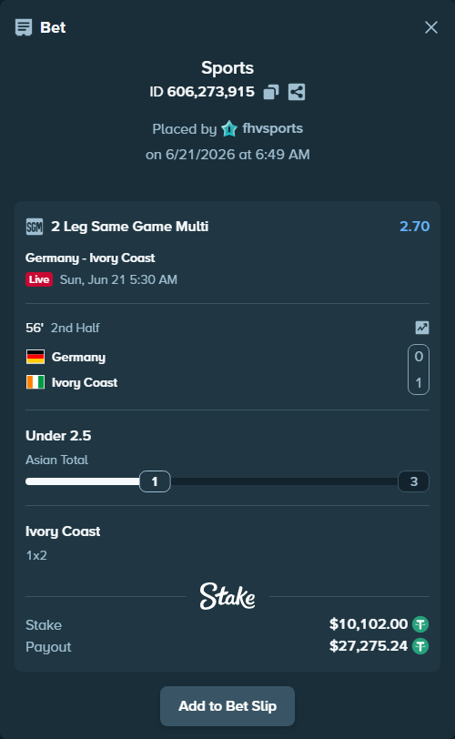 Bet slip: Germany - Ivory Coast, $10,112.10 stake at 1.75 odds, placed by fhvsports