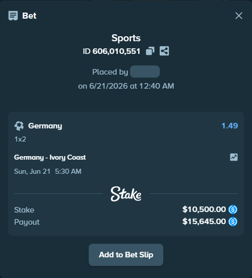 Bet slip: Germany - Ivory Coast, $10,500.00 stake at 1.49 odds, placed by LinnPersonal