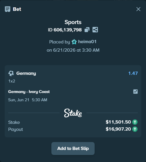 Bet slip: Germany - Ivory Coast, $11,513.00 stake at 1.47 odds, placed by heima01