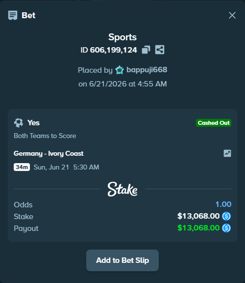 Bet slip: Germany - Ivory Coast, $13,068.00 stake at 1.76 odds, placed by bappuji668
