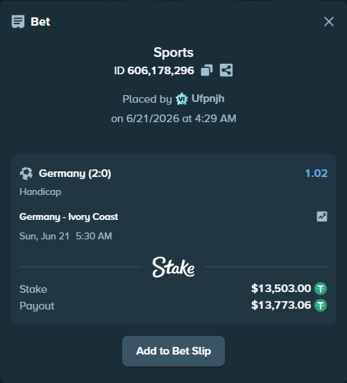Bet slip: Germany - Ivory Coast, $13,516.50 stake at 1.02 odds, placed by Ufpnjh
