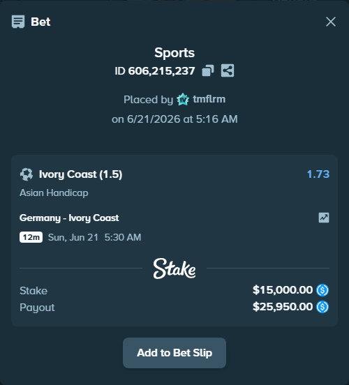 Bet slip: Germany - Ivory Coast, $15,000.00 stake at 1.73 odds, placed by tmflrm
