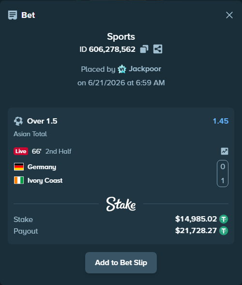 Bet slip: Germany - Ivory Coast, $15,000.00 stake at 1.45 odds, placed by Jackpoor