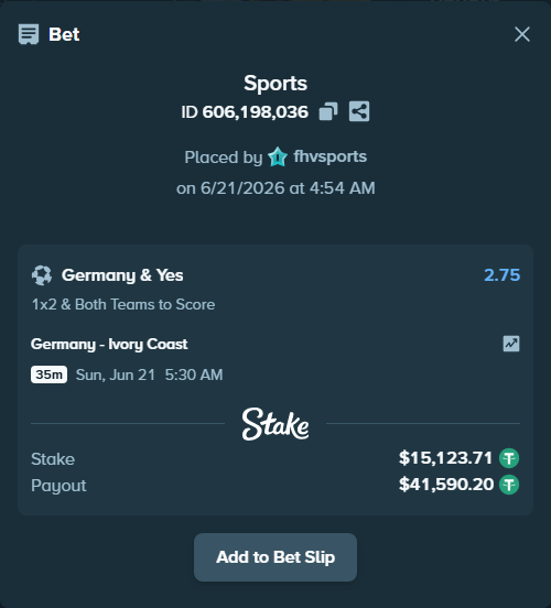 Bet slip: Germany - Ivory Coast, $15,138.83 stake at 2.75 odds, placed by fhvsports