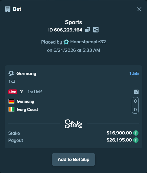 Bet slip: Germany - Ivory Coast, $16,916.90 stake at 1.55 odds, placed by Honestpeople32