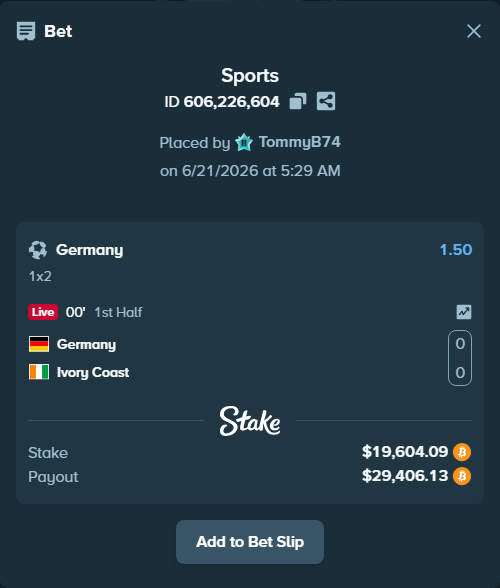 Bet slip: Germany - Ivory Coast, $19,747.47 stake at 1.50 odds, placed by TommyB74