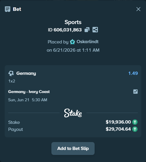 Bet slip: Germany - Ivory Coast, $19,955.94 stake at 1.49 odds, placed by Oskarlindt