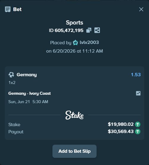 Bet slip: Germany - Ivory Coast, $20,000.00 stake at 1.53 odds, placed by lvlv2003