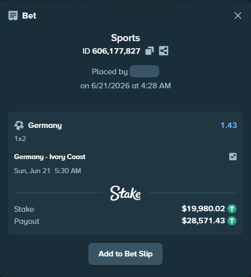 Bet slip: Germany - Ivory Coast, $20,000.00 stake at 1.43 odds, placed by crazypianist