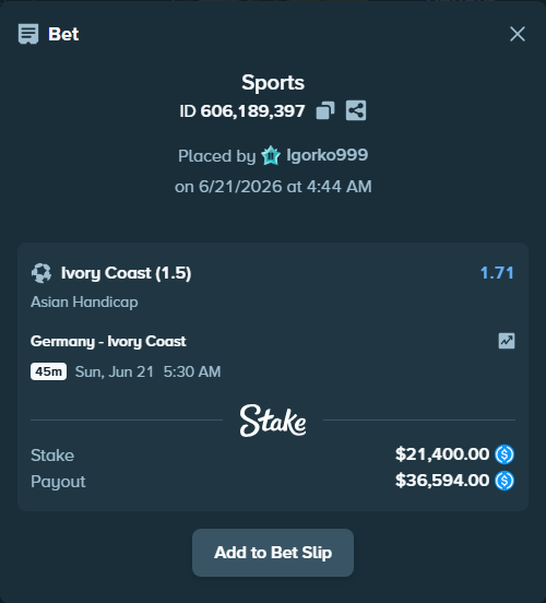 Bet slip: Germany - Ivory Coast, $21,400.00 stake at 1.71 odds, placed by Igorko999
